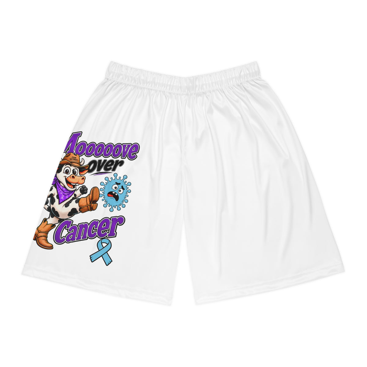 Front of Moooove Over Cancer white basketball shorts with cow artwork and blue awareness ribbon