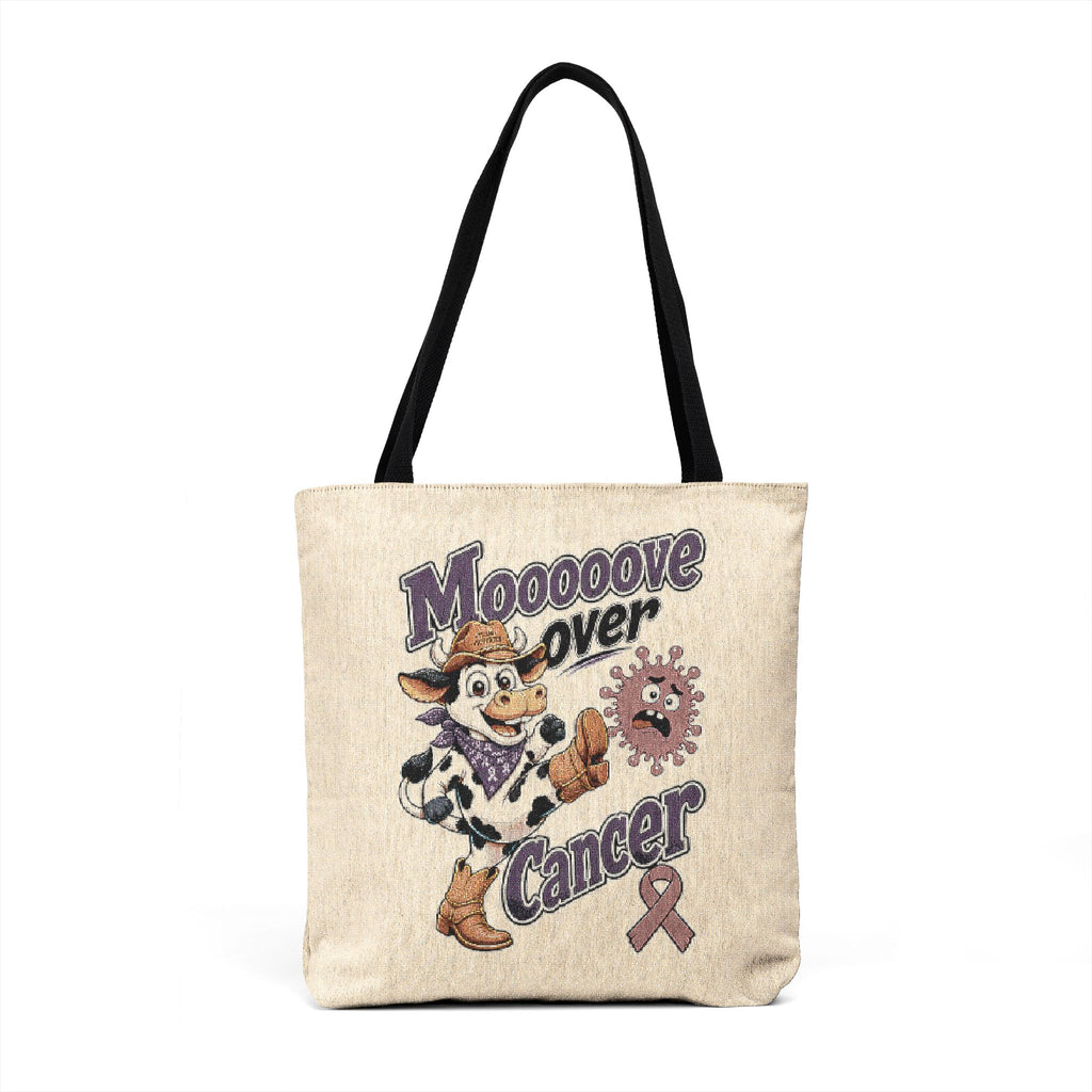 Front view of Moooove Over Cancer cowgirl woven tote bag with black straps