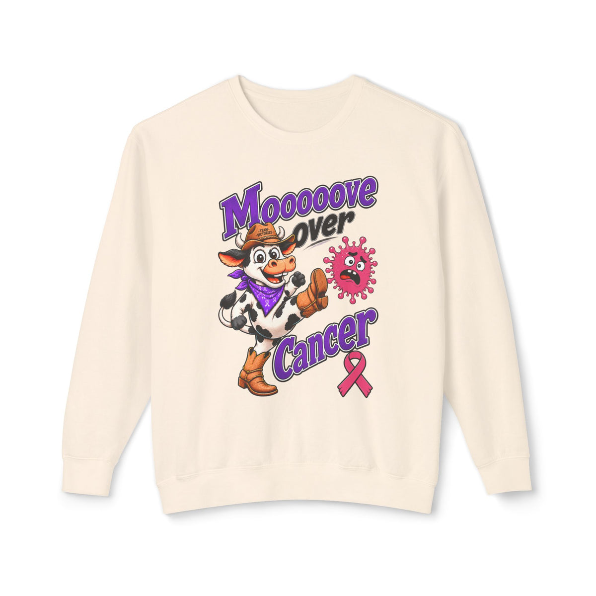 Model wearing Moooove Over Cancer white sweatshirt with cow graphic and pink Breast Cancer awareness ribbon