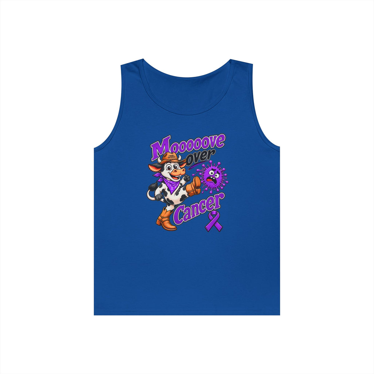 Moooove Over Cancer blue tank top with Pancreatic Cancer awareness ribbon artwork