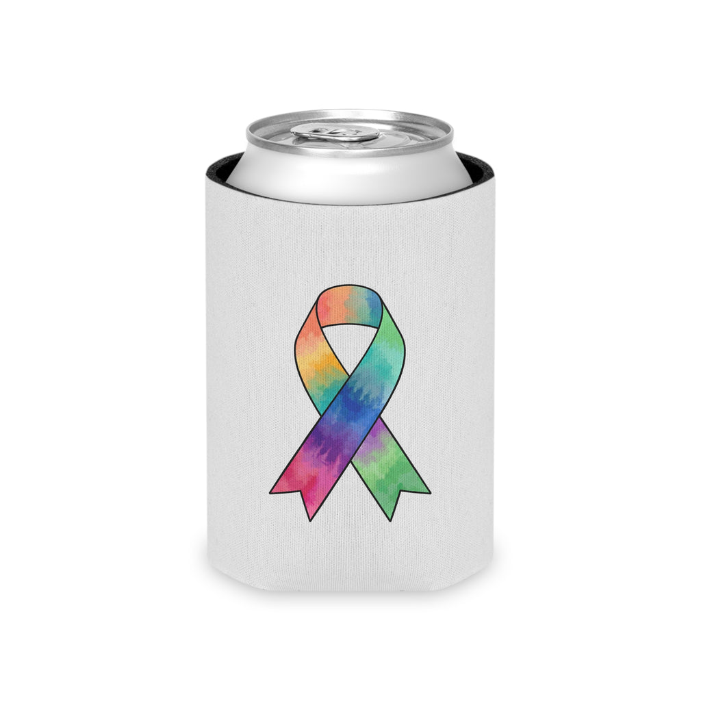 Light gray Regular Can cooler featuring a colorful awareness ribbon