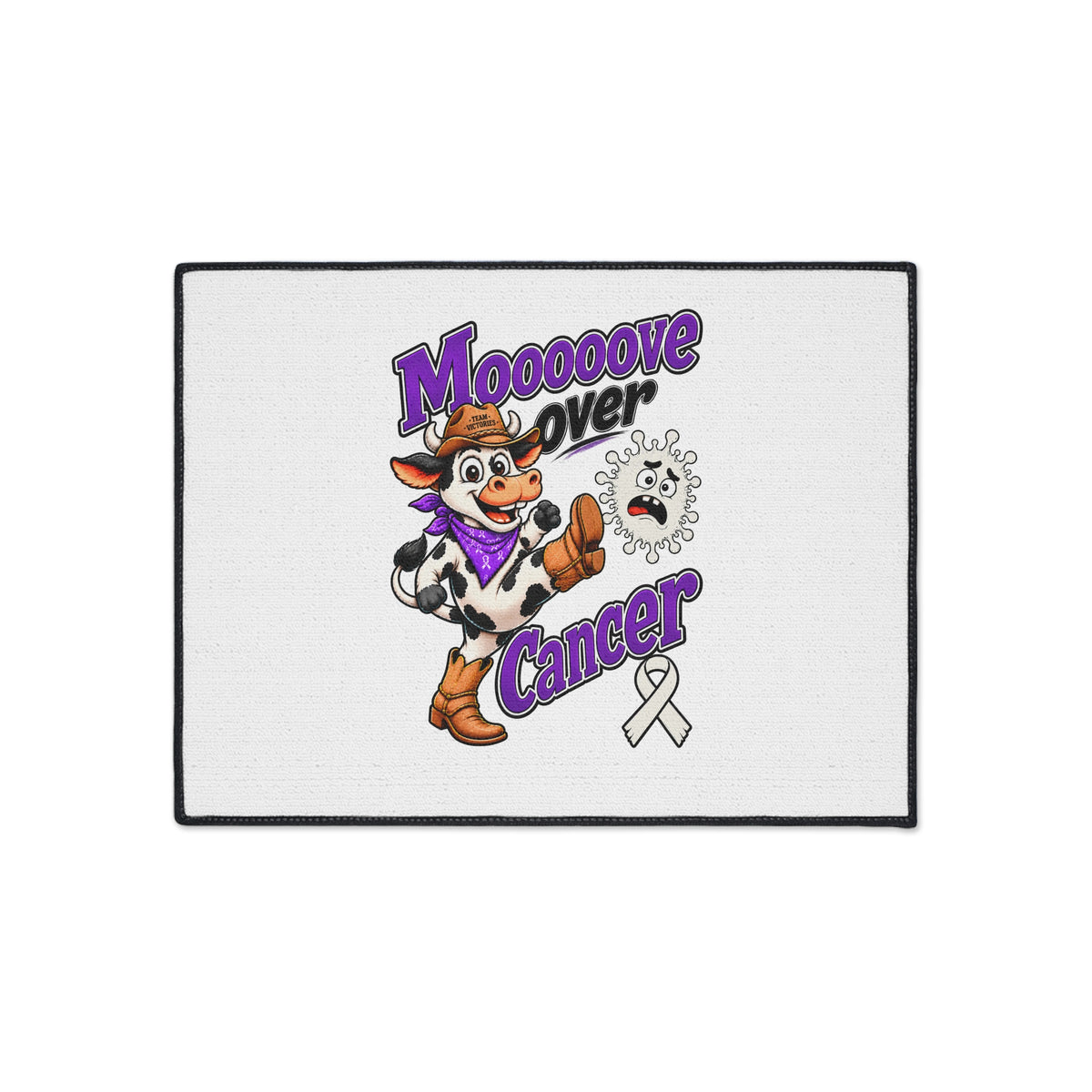 Front view of Moooove Over Cancer floor mat featuring cowgirl artwork and Lung Cancer awareness ribbon