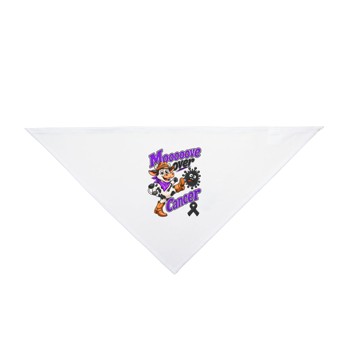Front view of white Moooove Over Cancer dog and cat bandana