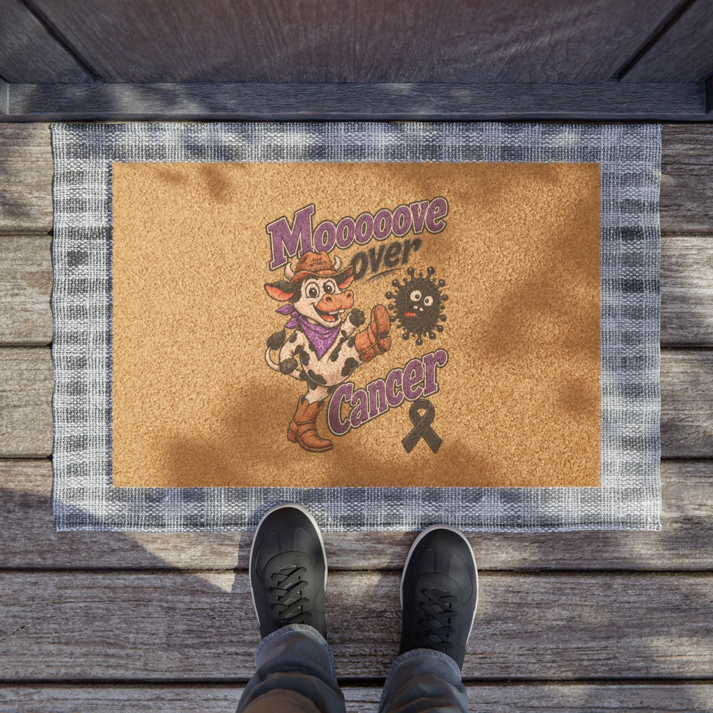 Moooove Over Cancer coir doormat with cowgirl artwork positioned outside a doorway