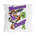 Moooove Over Cancer outdoor pillow with a cow, green ribbon, and colorful Team Victories design