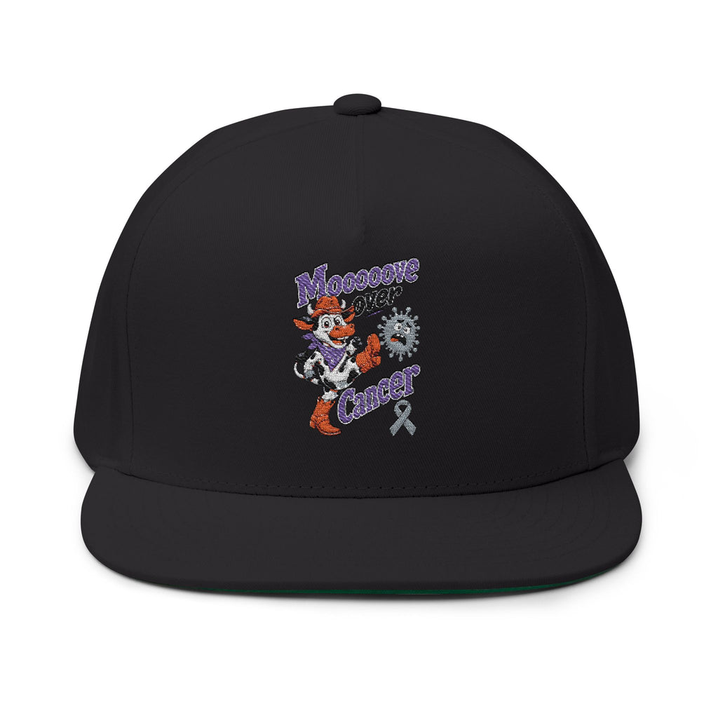 Black Moooove Over Cancer flat bill cap with colorful character and awareness ribbon artwork