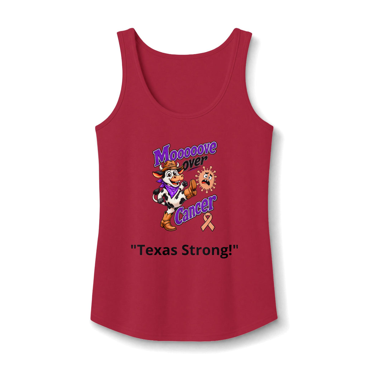 Moooove Over Cancer Texas Strong tank top with peach Uterine Cancer awareness ribbon in red