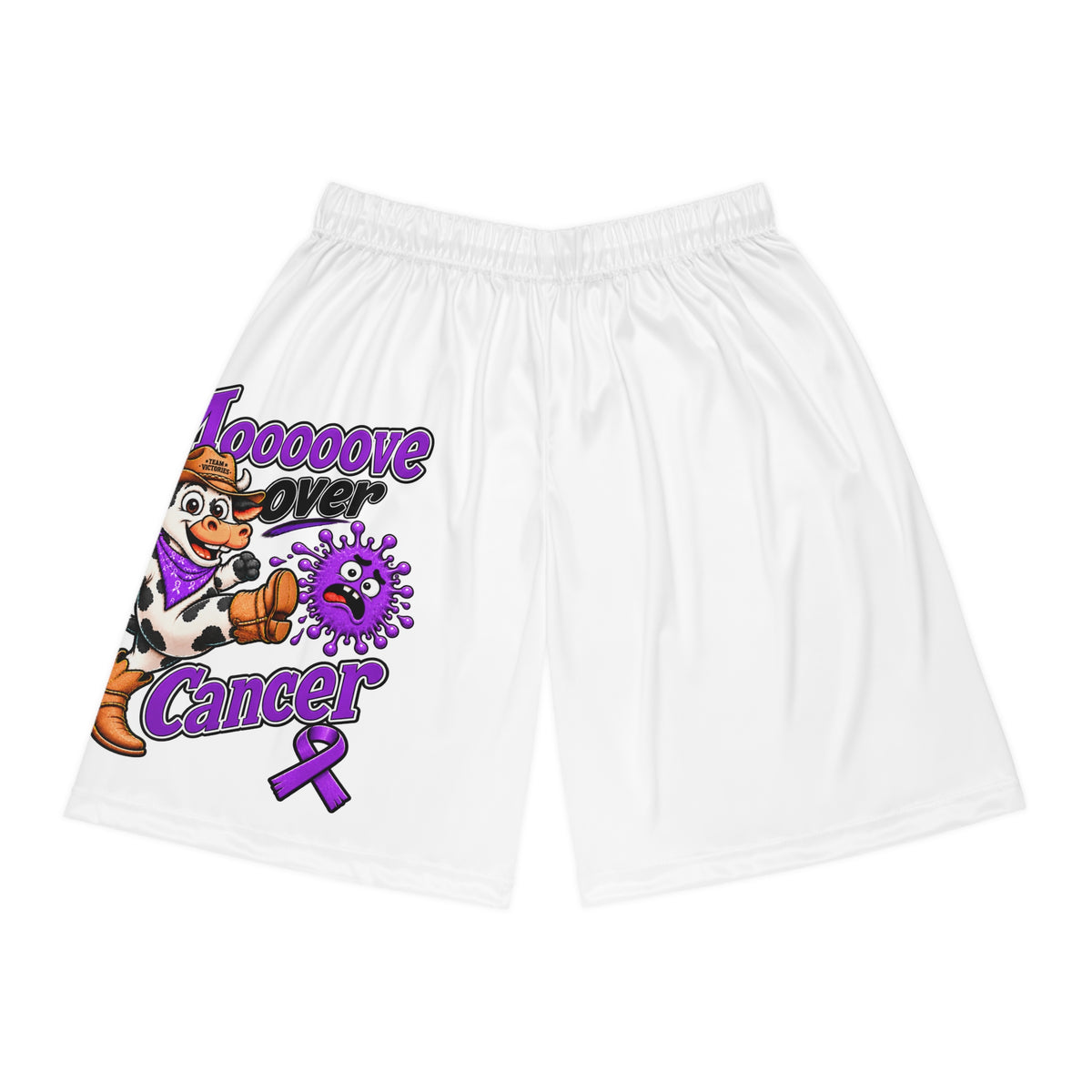 Moooove Over Cancer white basketball shorts with cow, basketball, and purple ribbon artwork