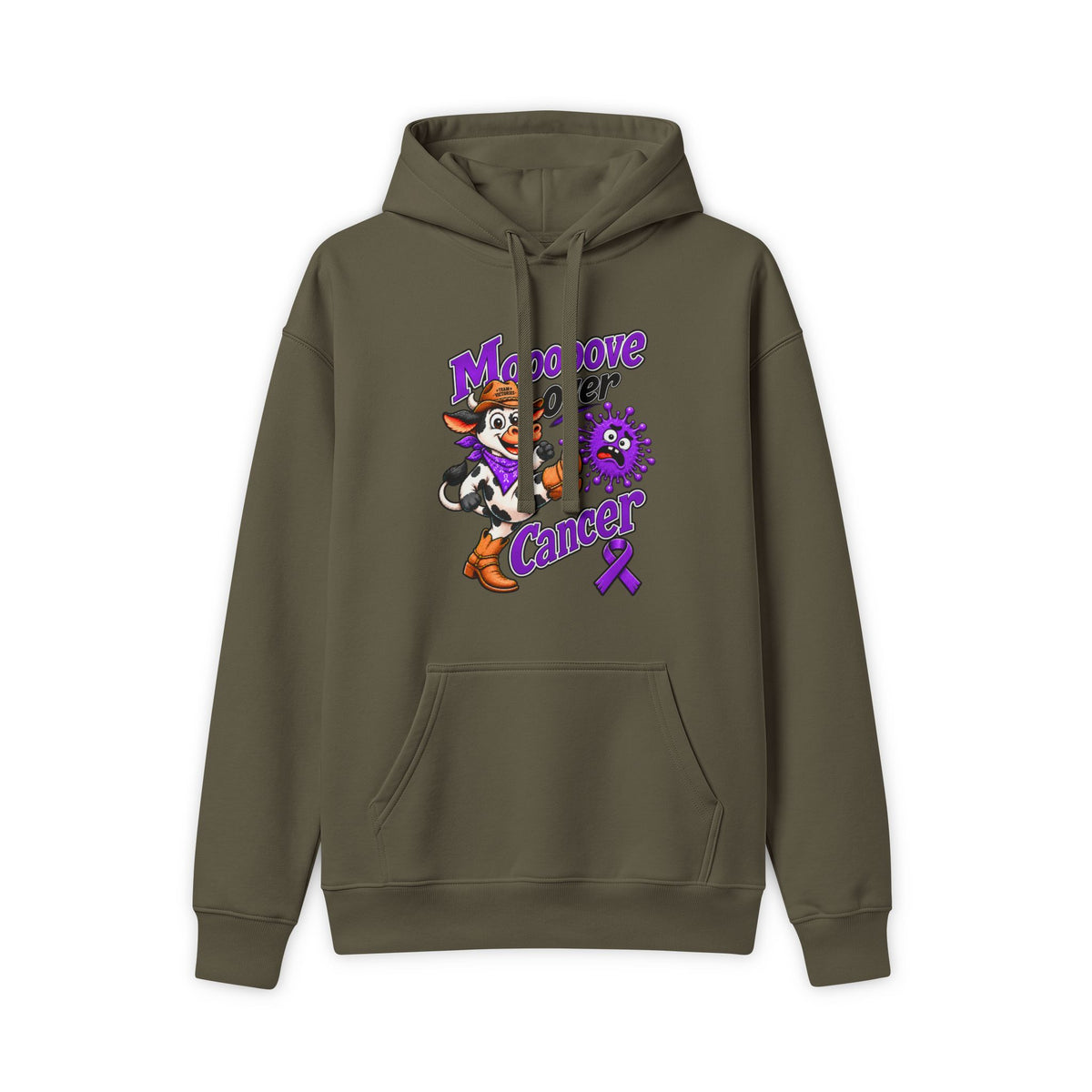 Moooove Over Cancer hoodie with Pancreatic Cancer awareness ribbon, front view in olive