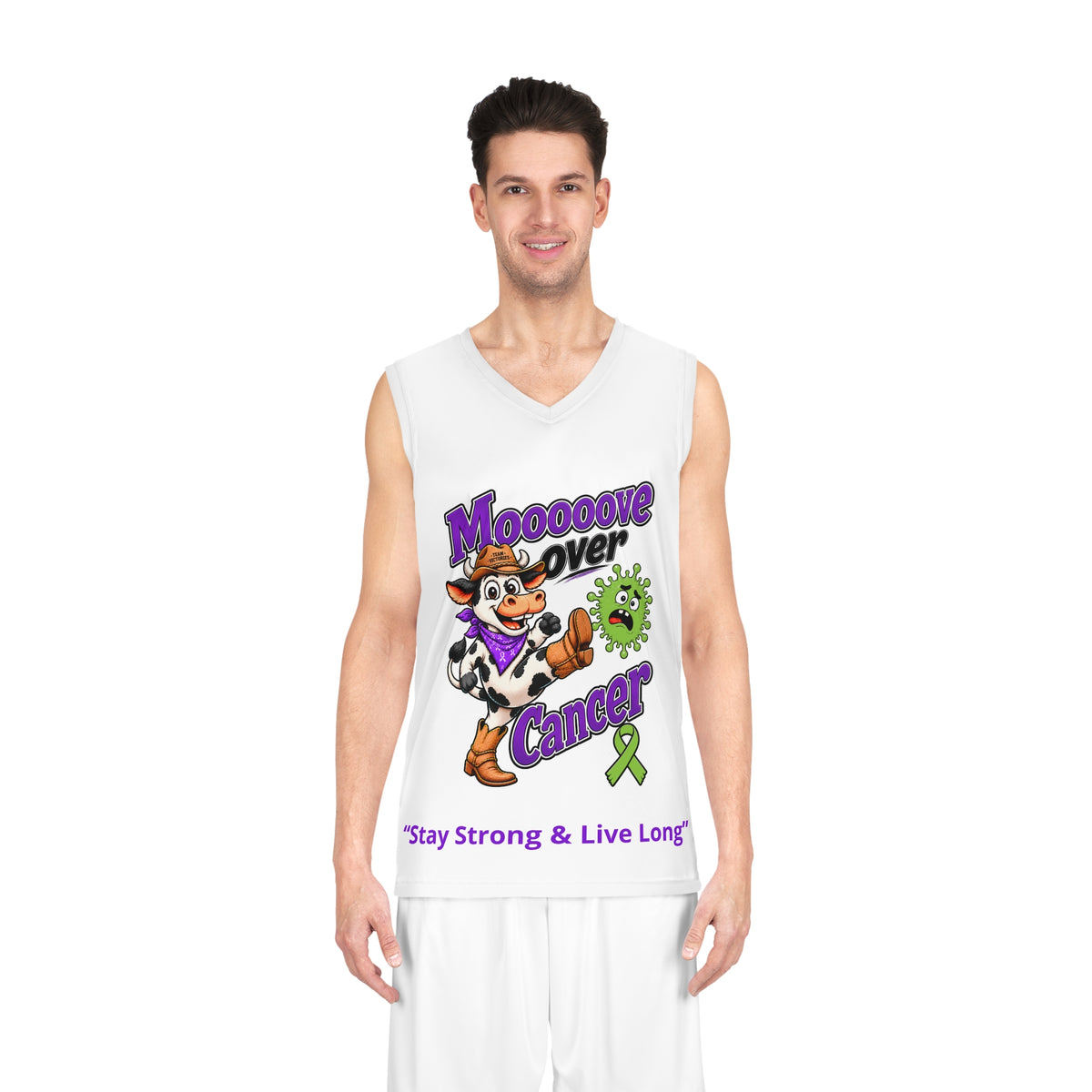 Model wearing the Moooove Over Cancer personalized white basketball jersey