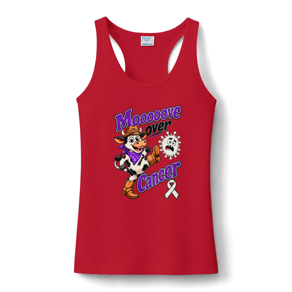Red Moooove Over Cancer women's performance tank top with a white Lung Cancer awareness ribbon