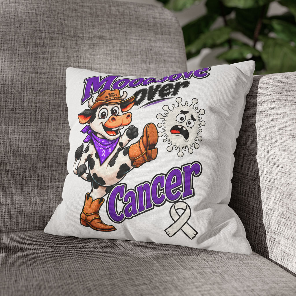 Two Team Victories pillowcases featuring Moooove Over Cancer and Lung Cancer awareness ribbon artwork