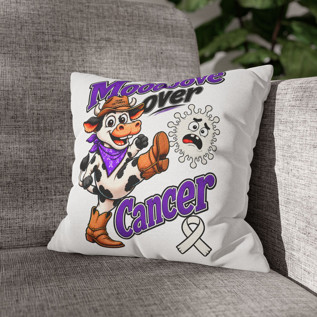 Two Team Victories pillowcases featuring Moooove Over Cancer and Lung Cancer awareness ribbon artwork