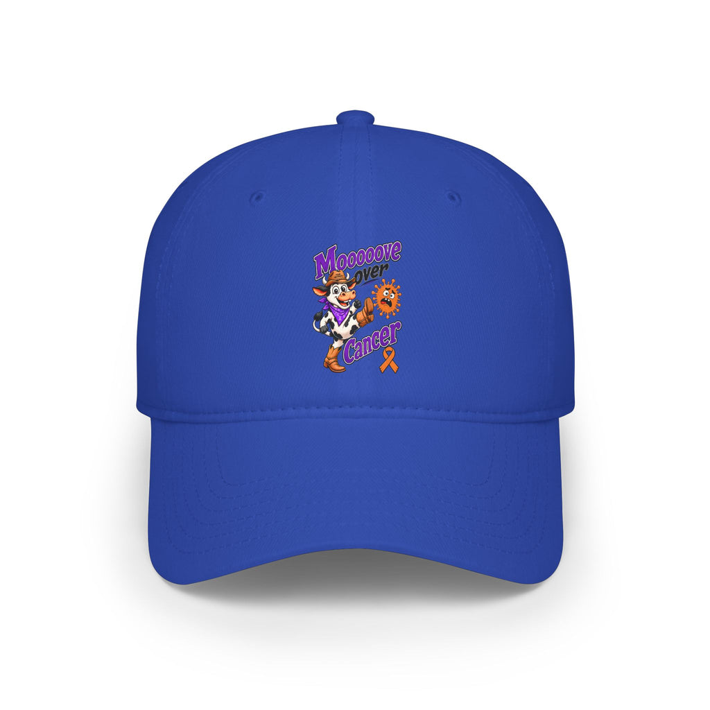 Royal blue Moooove Over Cancer low-profile baseball hat with colorful front design