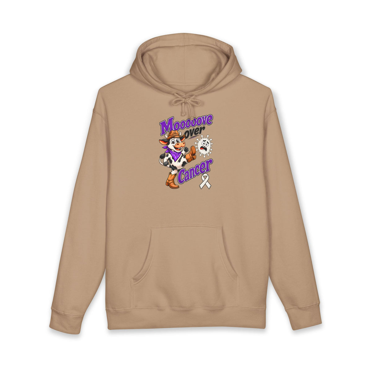 Moooove Over Cancer hoodie with Lung Cancer awareness ribbon, front view in tan