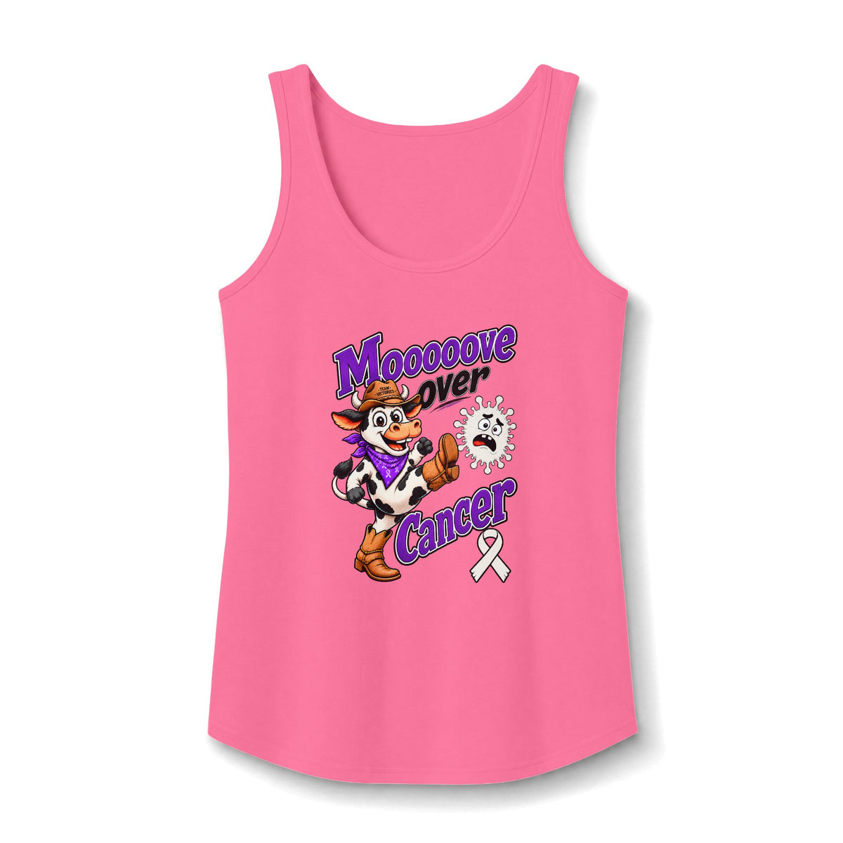 Moooove Over Cancer pink tank top featuring Lung Cancer awareness ribbon artwork
