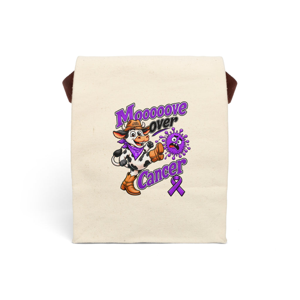 Front view of Moooove Over Cancer canvas lunch bag with colorful cow and purple ribbon graphic