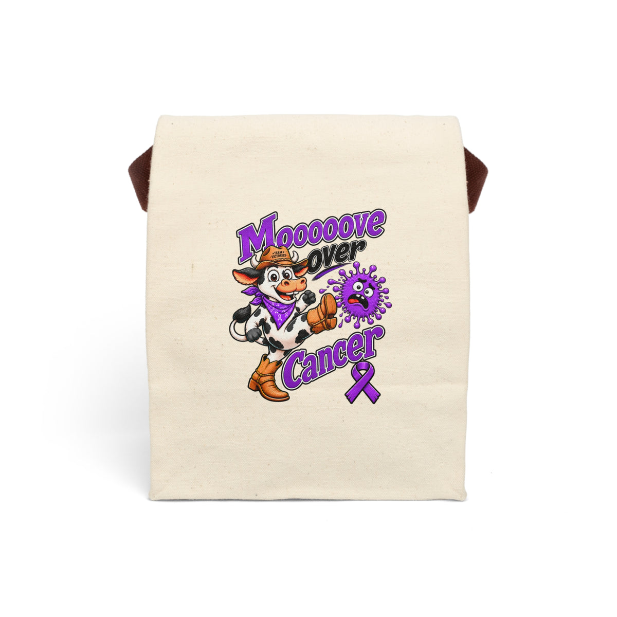 Front view of Moooove Over Cancer canvas lunch bag with colorful cow and purple ribbon graphic