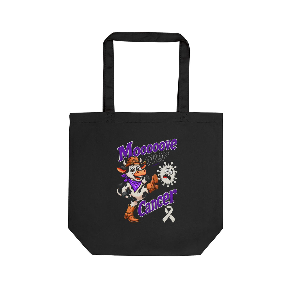 Black cotton tote with Moooove Over Cancer character design