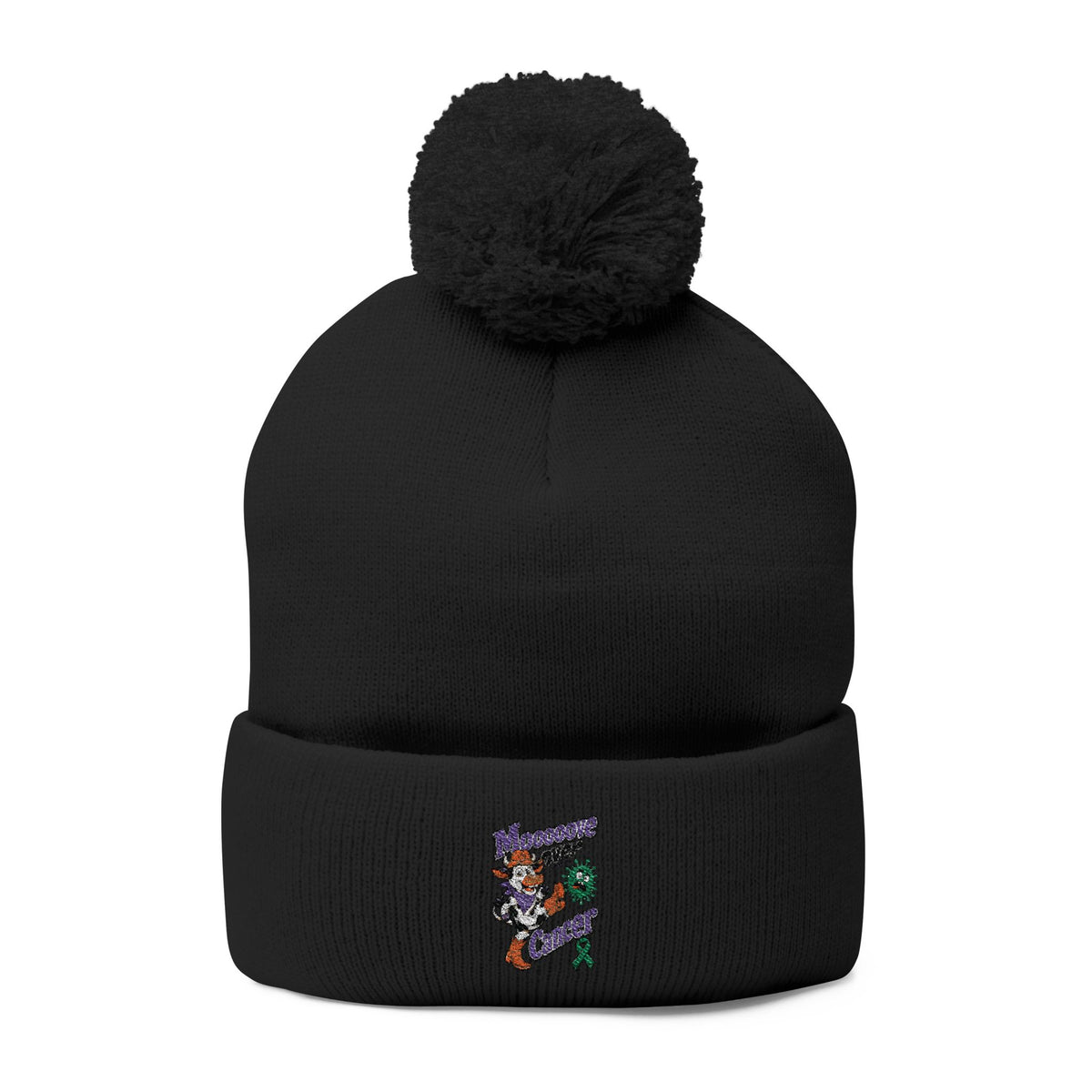 Black Moooove Over Cancer embroidered pom-pom knit cap with ribbon design