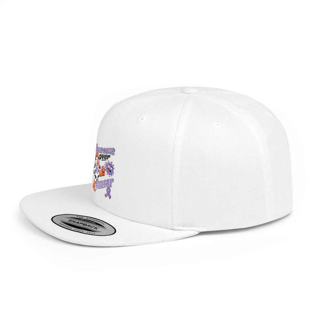 Back view of white Moooove Over Cancer flat-bill snapback hat with adjustable closure