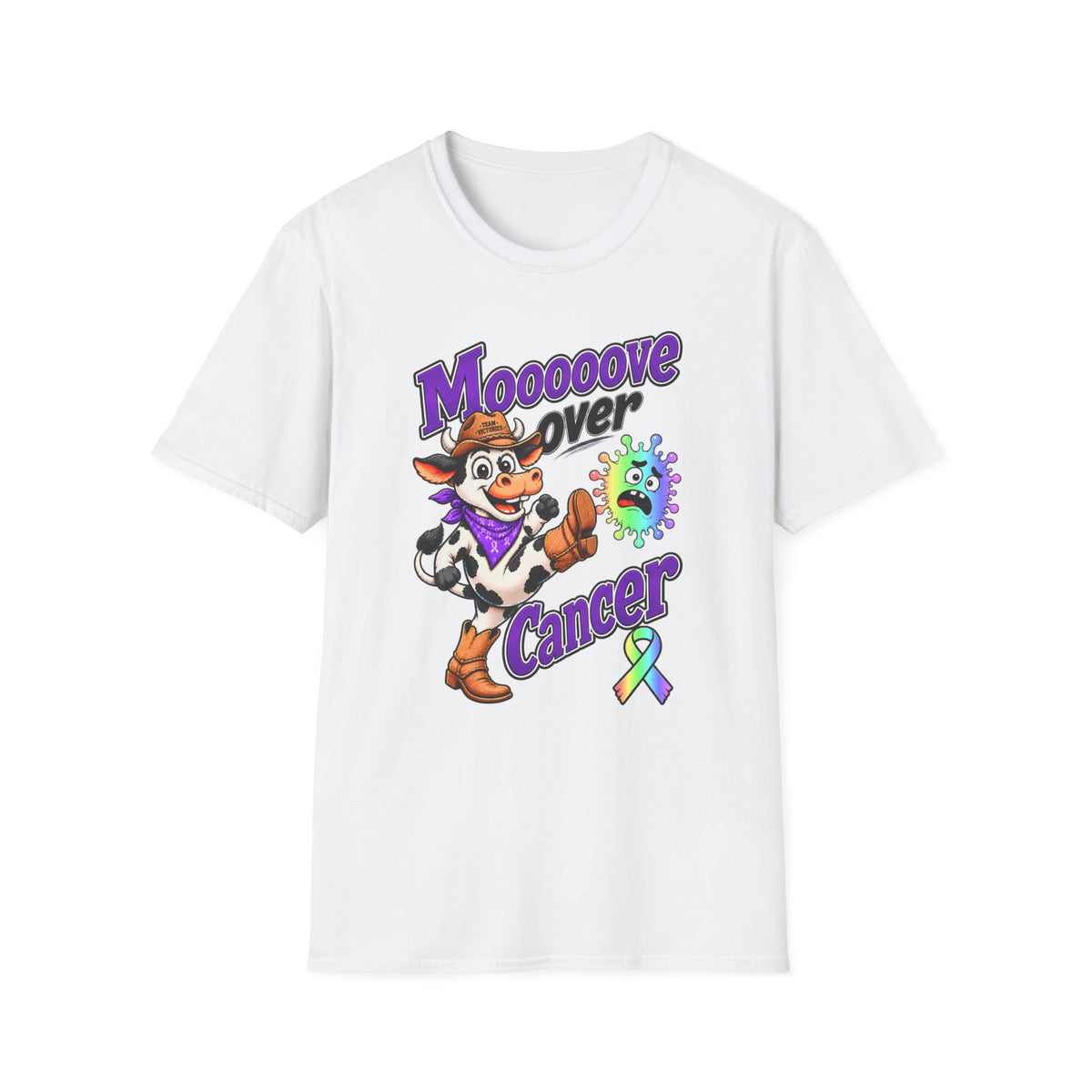Moooove Over Cancer T-shirt in white with Western cow artwork and all-cancer awareness ribbon