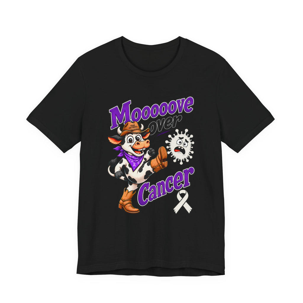 Moooove Over Cancer black T-shirt displaying the cow graphic and white awareness ribbon