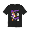 Moooove Over Cancer black T-shirt displaying the cow graphic and white awareness ribbon