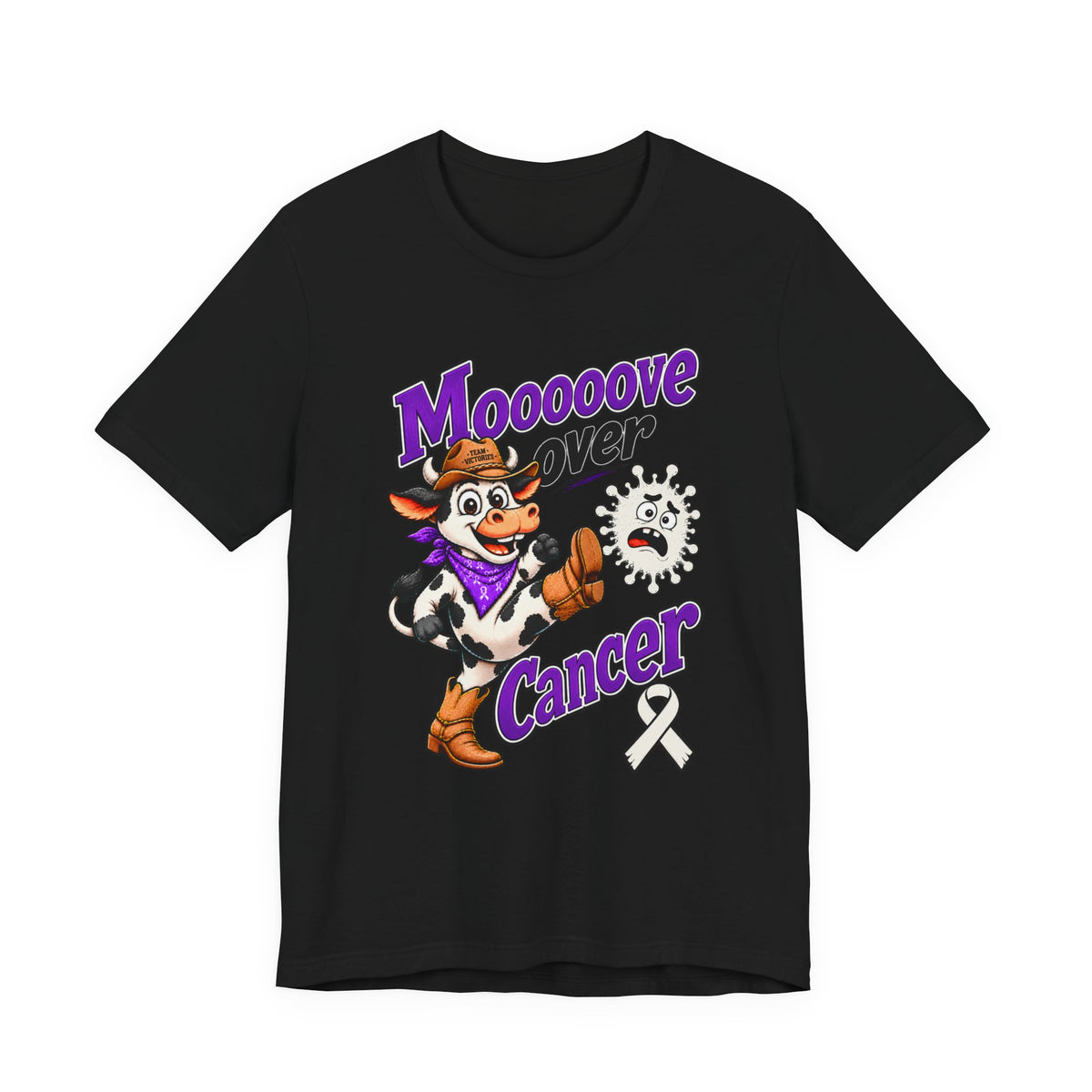 Moooove Over Cancer black T-shirt displaying the cow graphic and white awareness ribbon