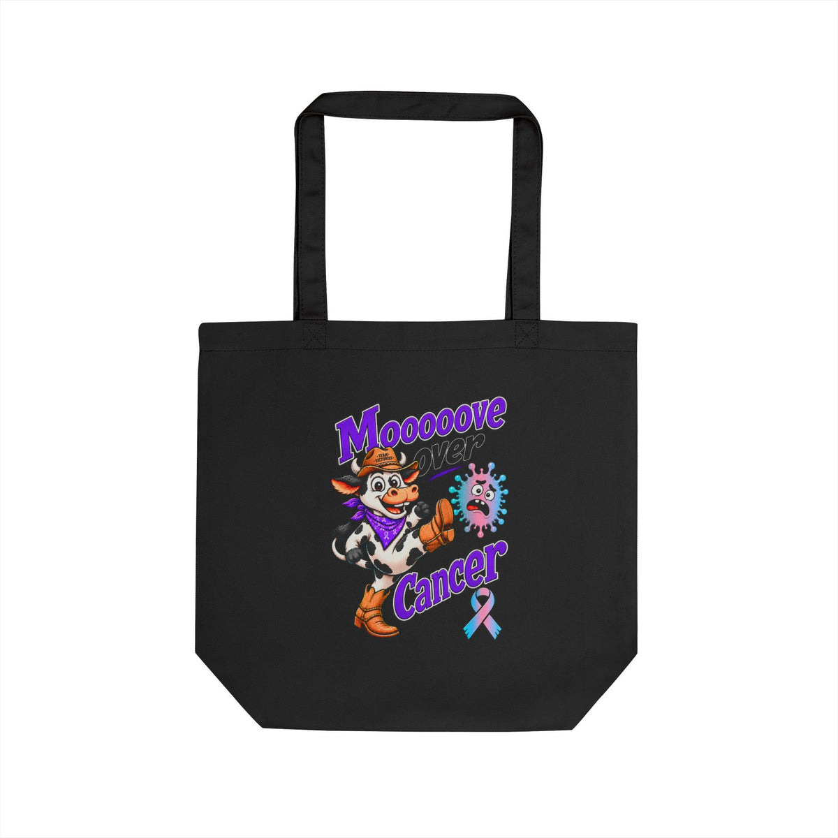 Moooove Over Cancer cow design on a black organic cotton tote bag