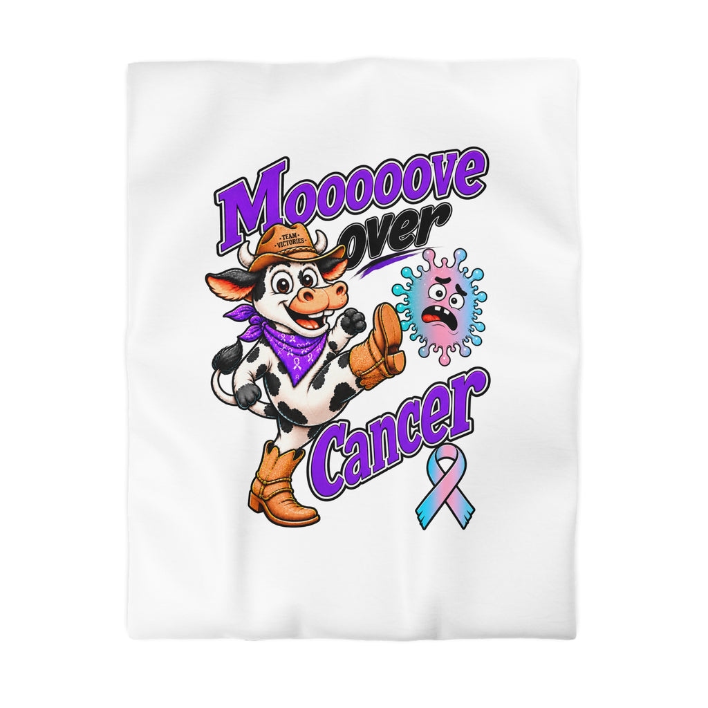 Moooove Over Cancer duvet cover with cow artwork and Thyroid Cancer awareness ribbon