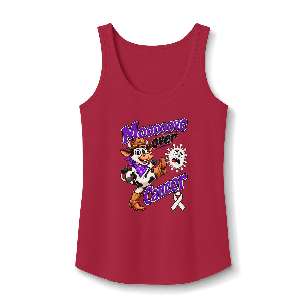Moooove Over Cancer red tank top with Lung Cancer awareness ribbon design