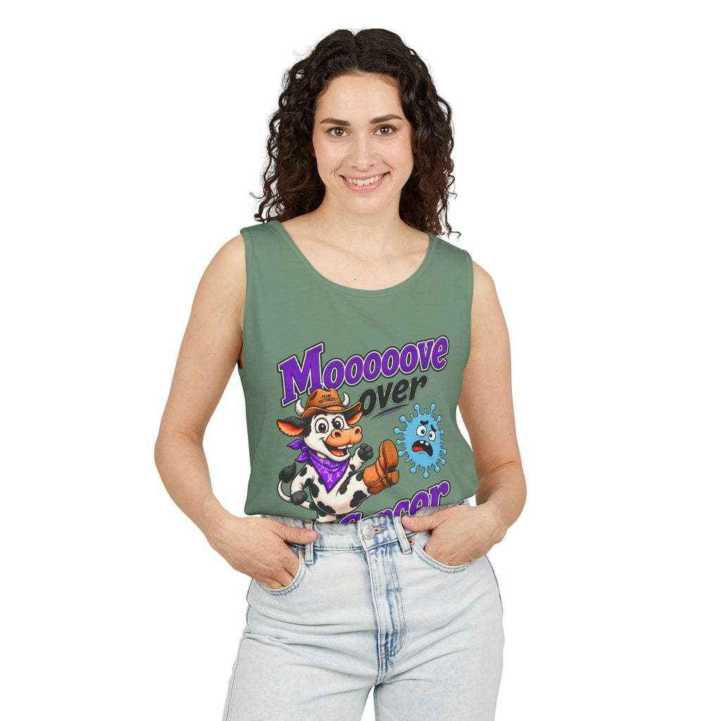 Man wearing a bright blue Moooove Over Cancer tank top with cow character artwork