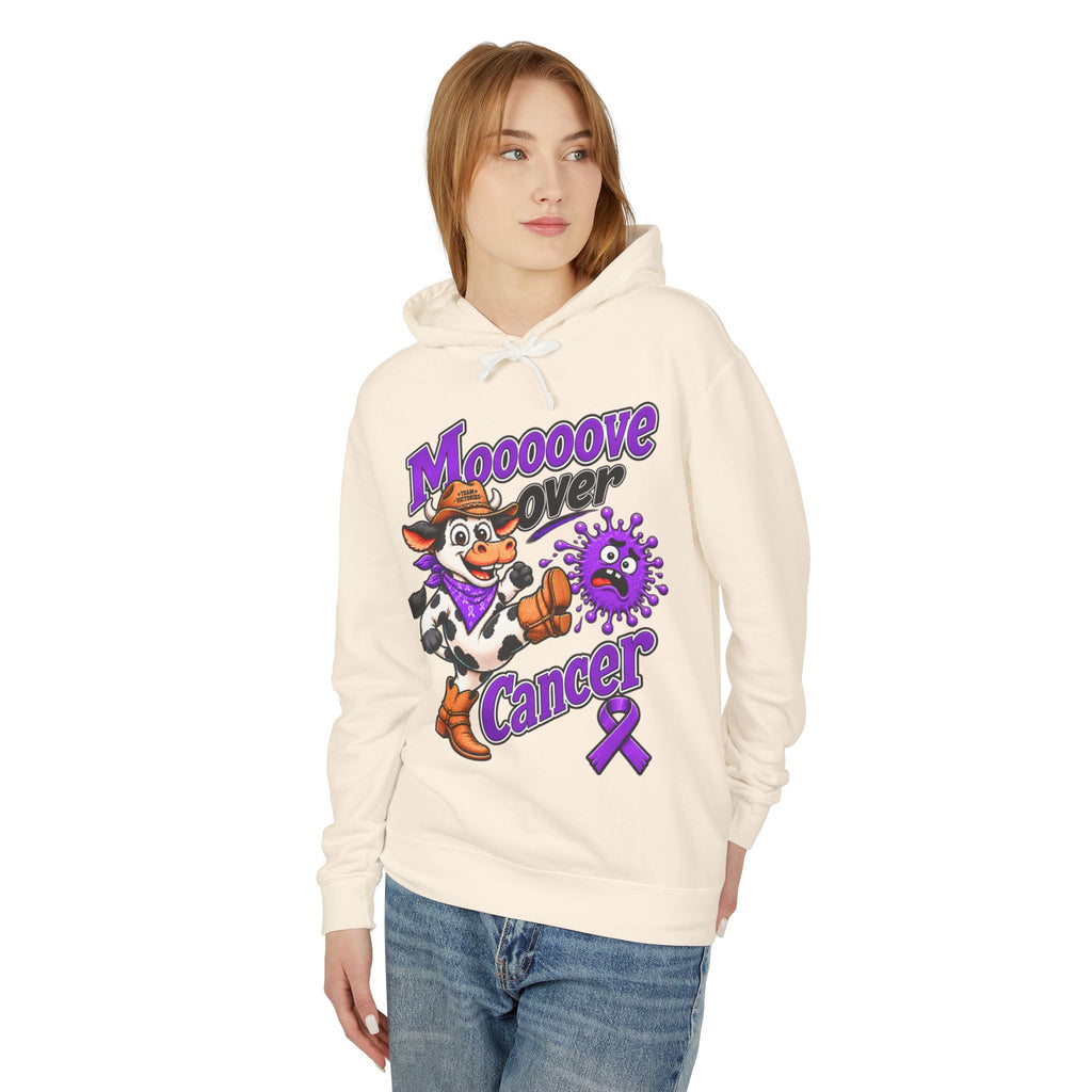 Back view of the cream Moooove Over Cancer hooded sweatshirt