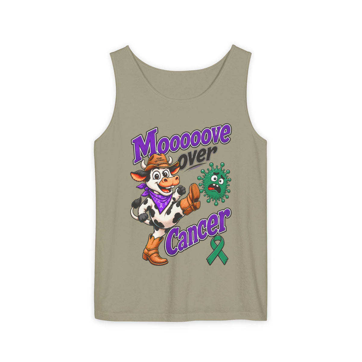 Olive Moooove Over Cancer tank top with cowboy cow artwork and Liver Cancer awareness ribbon
