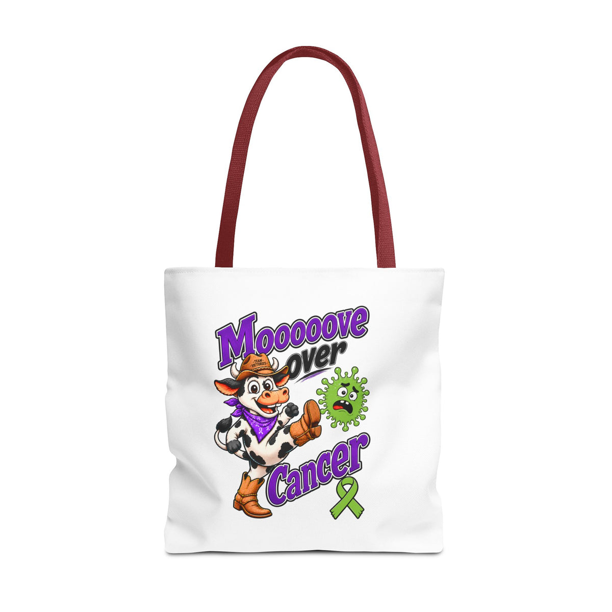 Moooove Over Cancer tote close-up with cow artwork and Non-Hodgkin/Lymphoma Cancer awareness ribbon