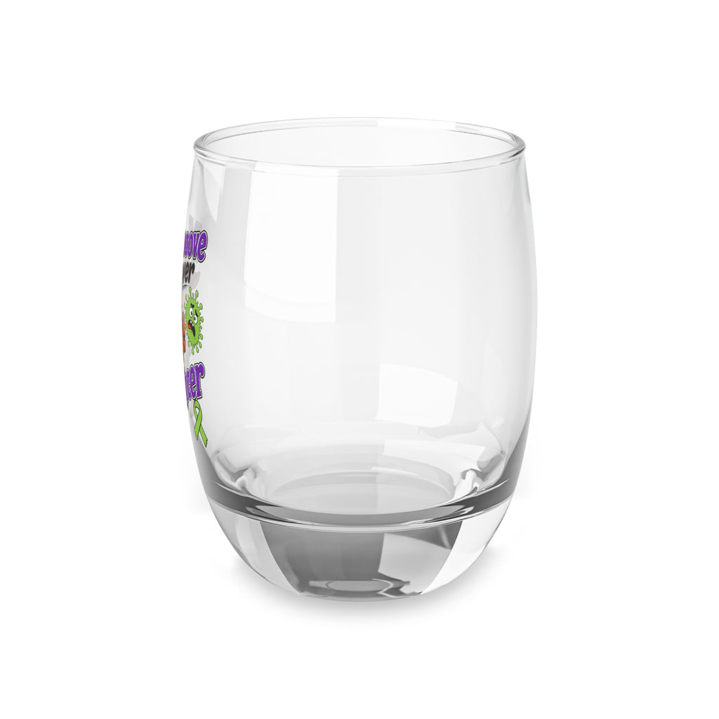 Side view of clear Moooove Over Cancer 6 oz whiskey glass