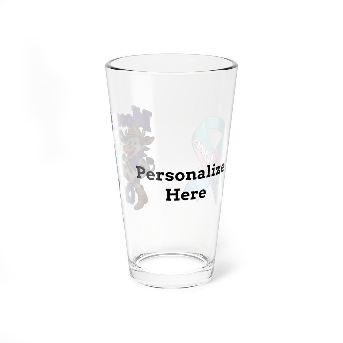 Moooove Over Cancer clear glass showing the personalized name or custom text area