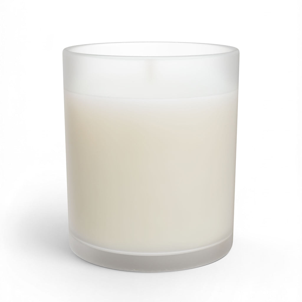 Rear view of a frosted glass Kickin’ Cancer soy candle with a plain frosted surface