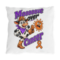 Moooove Over Cancer outdoor pillow with a cow, orange ribbon, and colorful awareness design