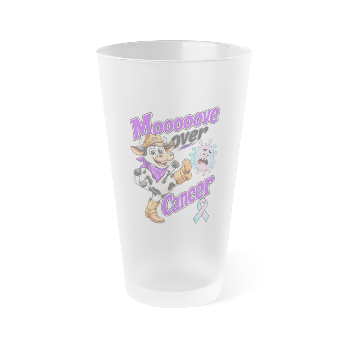 Moooove Over Cancer cow and awareness ribbon design on a frosted pint glass
