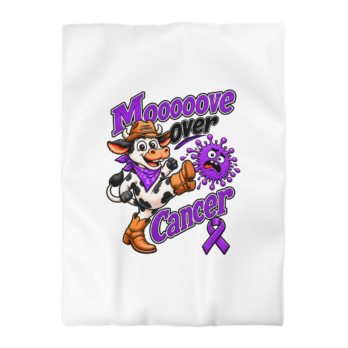 Moooove Over Cancer duvet cover styled on a bed with Pancreatic Cancer awareness ribbon artwork