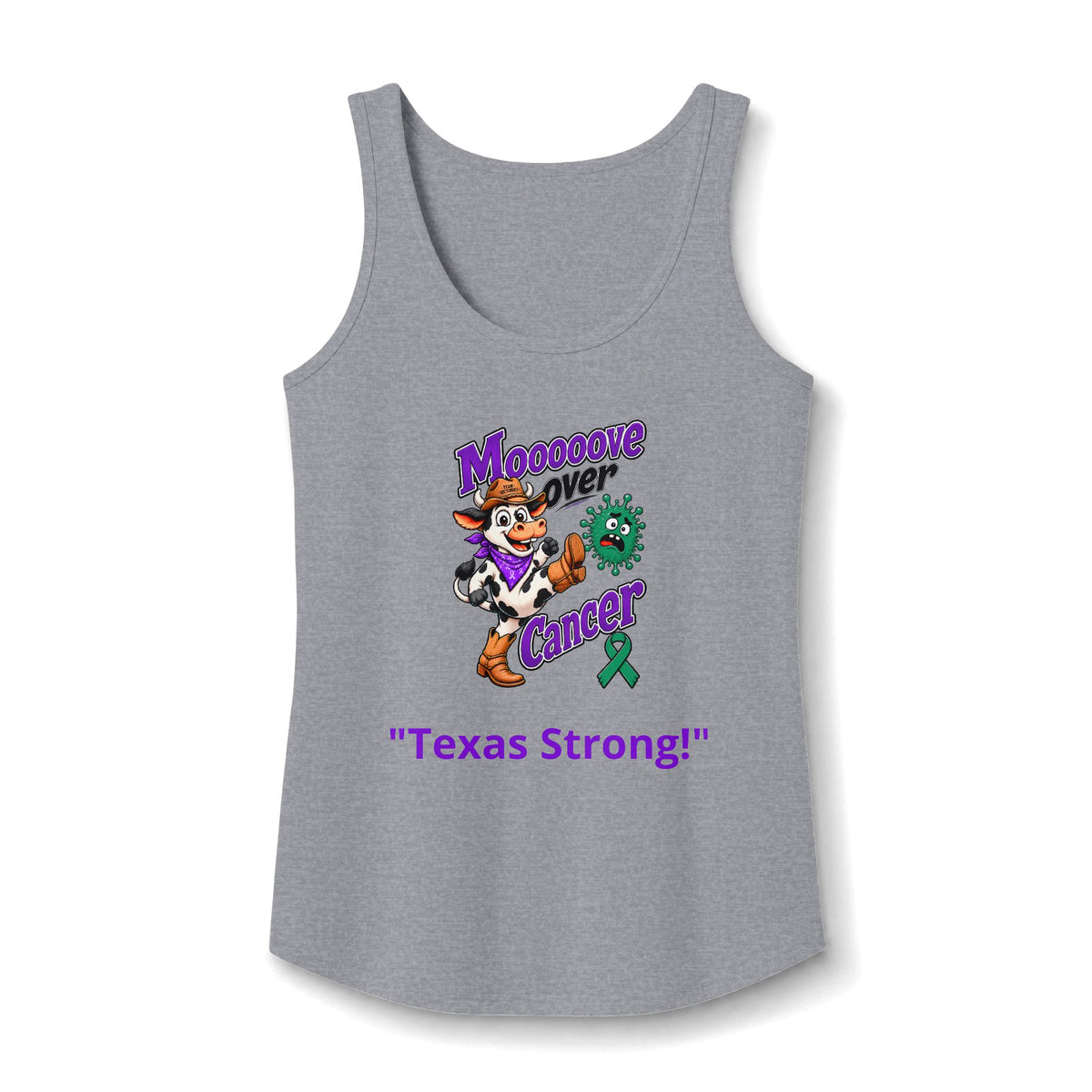 Heather gray Moooove Over Cancer Texas Strong tank top with awareness artwork