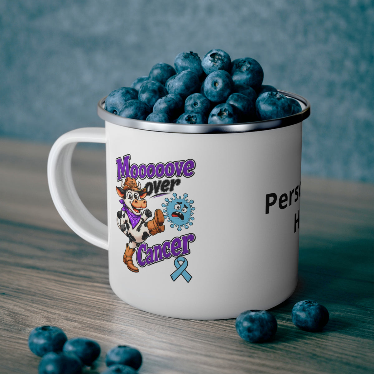 Moooove Over Cancer enamel camping mug filled with blueberries and Prostate Cancer awareness ribbon
