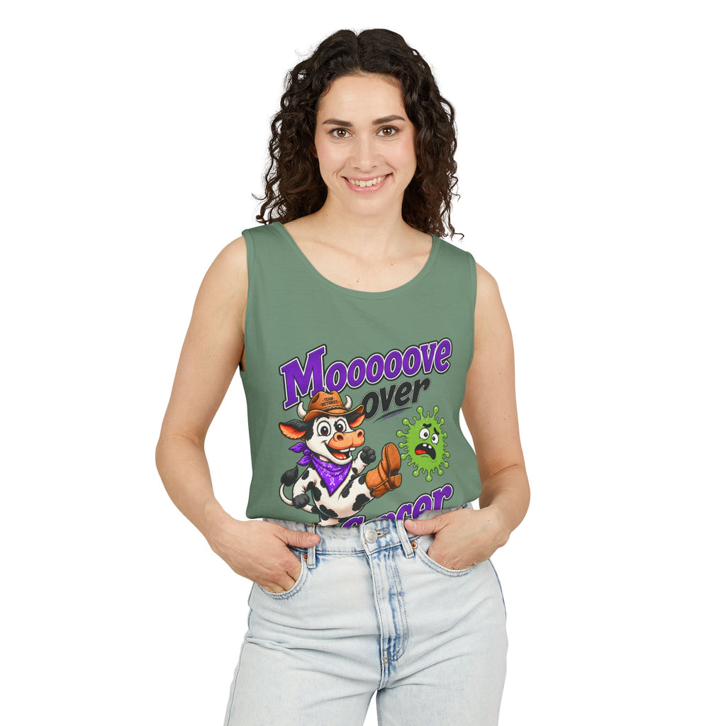 Man modeling turquoise Moooove Over Cancer tank top with cow design