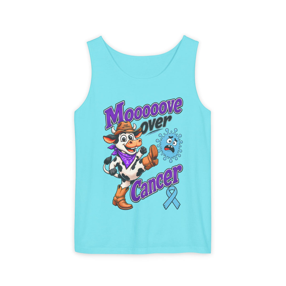 Moooove Over Cancer tank top in bright blue with cow character and Prostate Cancer awareness ribbon