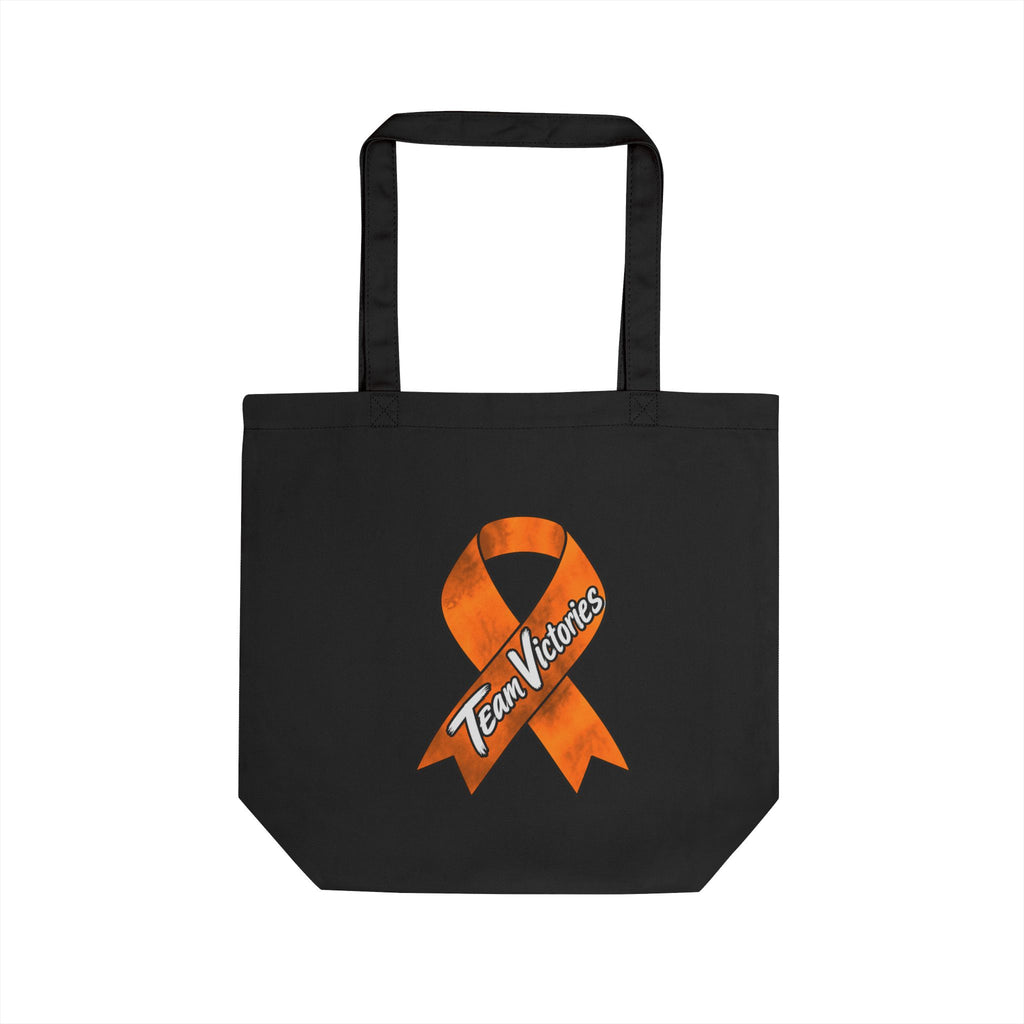 Black cotton tote bag with Team Victories orange awareness ribbon artwork