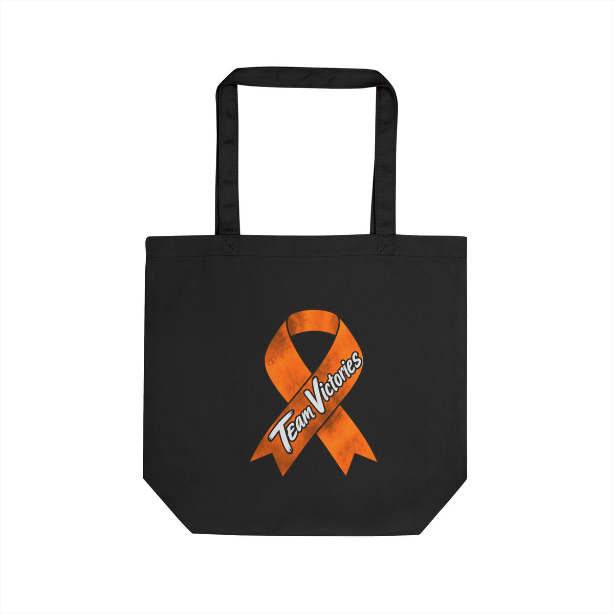 Black cotton tote bag with Team Victories orange awareness ribbon artwork