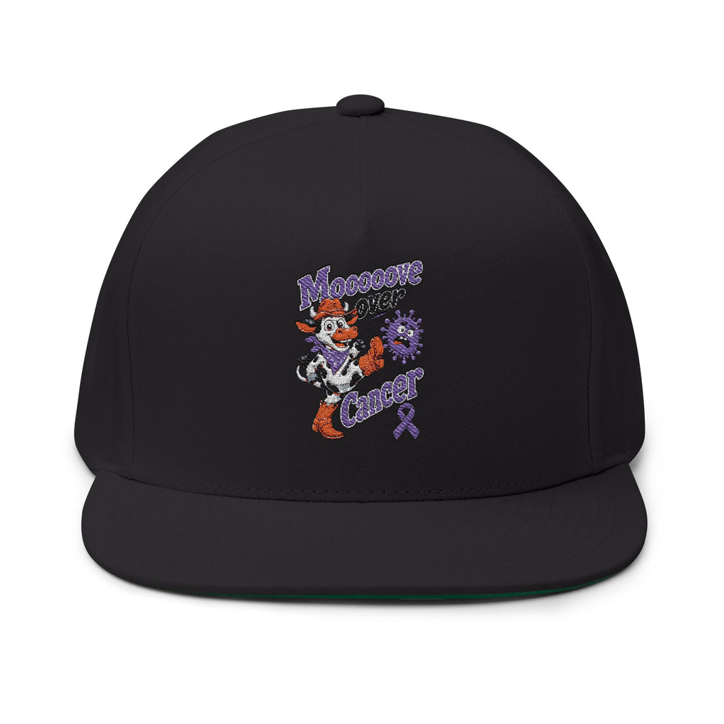 Black Moooove Over Cancer flat bill cap with colorful front artwork and purple ribbon
