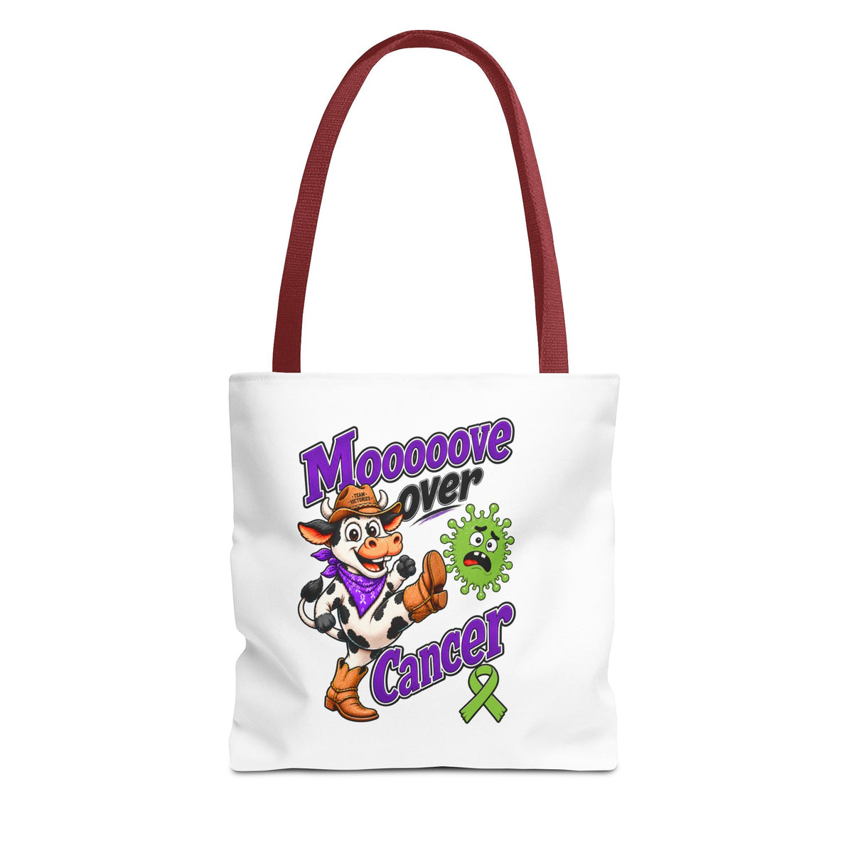 Man carrying Moooove Over Cancer tote with Non-Hodgkin/Lymphoma Cancer awareness ribbon